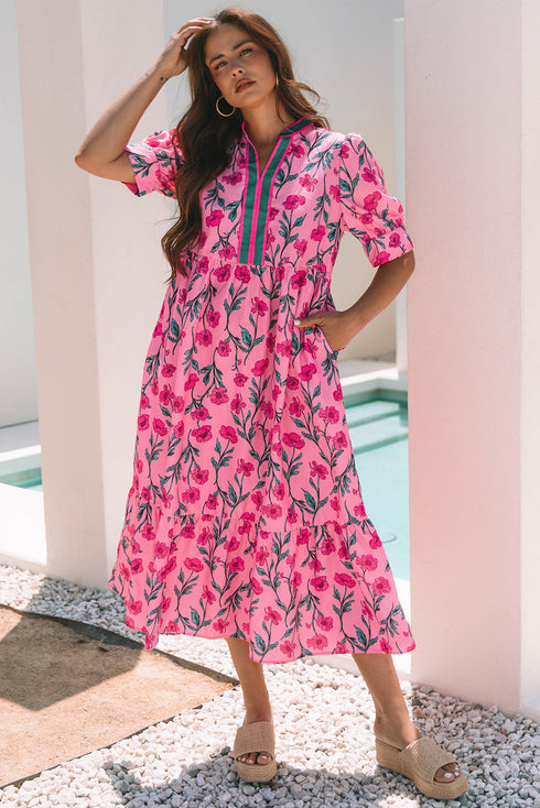 Puff Sleeve Floral Print Contrast Placket Tiered Midi Dress With Pockets